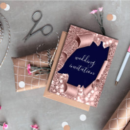 Blue Navy 3D Roos Gold Wedding Glitter Kaart