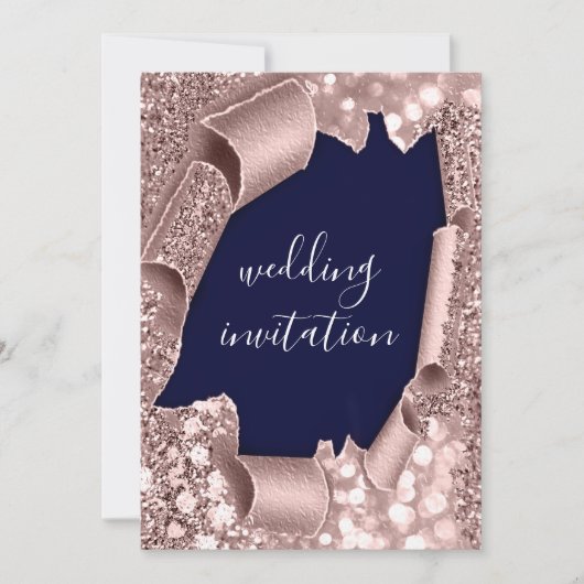 Blue Navy 3D Roos Gold Wedding Glitter Kaart (Voorkant)