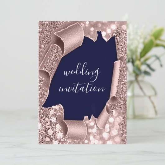 Blue Navy 3D Roos Gold Wedding Glitter Kaart (Staand voorkant)