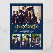Blue Navy and Gold Script 4 photos Graduated Folie Uitnodiging (Voorkant)