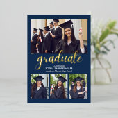 Blue Navy and Gold Script 4 photos Graduated Folie Uitnodiging (Staand Voorkant)