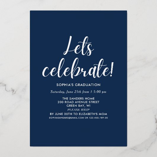 Blue Navy and Gold Script 4 photos Graduated Folie Uitnodiging (Achterkant)