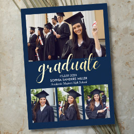 Blue Navy and Gold Script 4 photos Graduated Folie Uitnodiging
