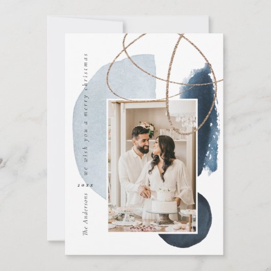 Blue Navy Boho Modern Geometric Photo Holiday Card Feestdagenkaart (Voorkant)