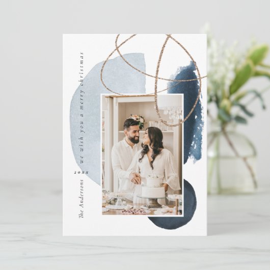 Blue Navy Boho Modern Geometric Photo Holiday Card Feestdagenkaart (Staand voorkant)