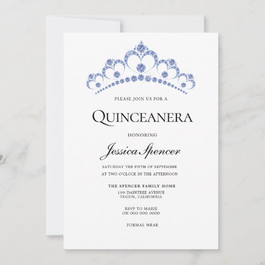 Blue & Navy Diamond Tiara Quinceanera Invite Kaart (Voorkant)