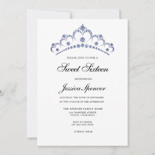 Blue & Navy Diamond Tiara Sweet 16 Party Invite Kaart (Voorkant)