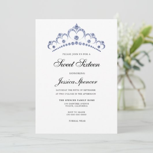 Blue & Navy Diamond Tiara Sweet 16 Party Invite Kaart (Staand voorkant)