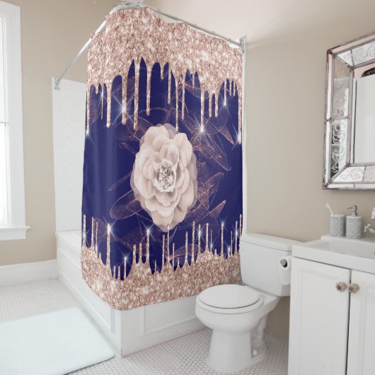 Blue Navy Drids Roos Gold Diamond Glam Douchegordijn (In situ)
