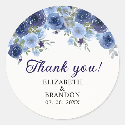 Blue Navy Flowers - Rustic Wedding Ronde Sticker (Voorkant)