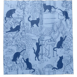 Blue Navy French Cat Paris Cafe Shower Curtain Douchegordijn