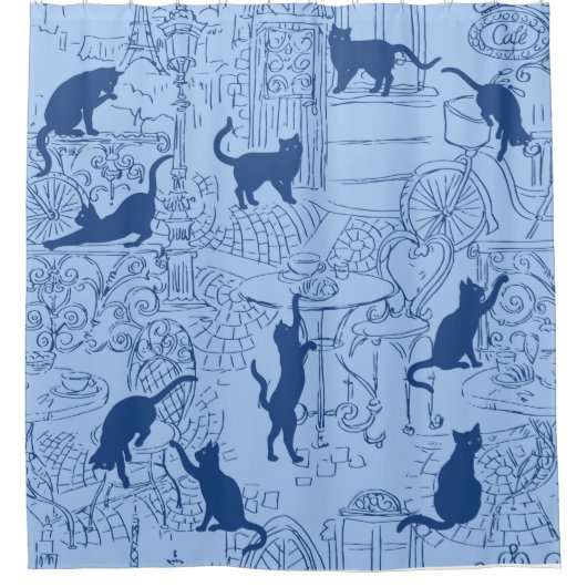 Blue Navy French Cat Paris Cafe Shower Curtain Douchegordijn (Voorkant)