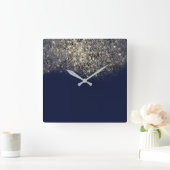 Blue Navy Glitter Confetti Sepia Gold Vierkante Klok (Huis)