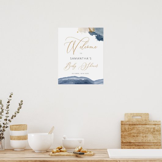 Blue Navy & Gold Boy Baby shower Welkomstteken Poster (Keuken)