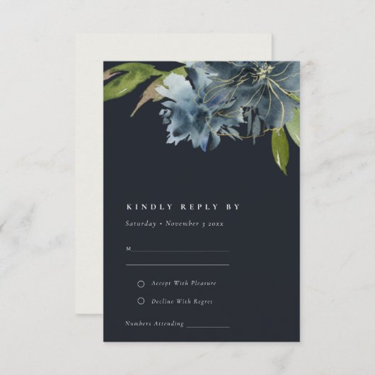 BLUE NAVY GOLD FLORAL WATERVERF WEDDING RSVP INFORMATIEKAARTJE (Voorkant / Achterkant)