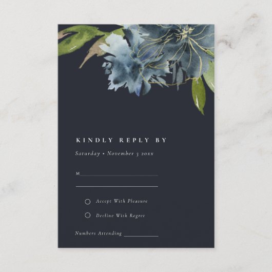 BLUE NAVY GOLD FLORAL WATERVERF WEDDING RSVP INFORMATIEKAARTJE (Voorkant)