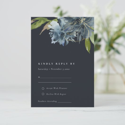 BLUE NAVY GOLD FLORAL WATERVERF WEDDING RSVP INFORMATIEKAARTJE (Staand voorkant)