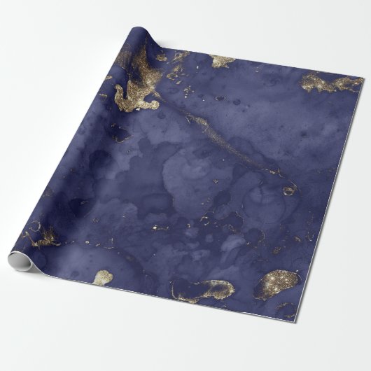 Blue Navy Gold Ink Grungy Black Abstracte marmer Cadeaupapier (Uitgerold)