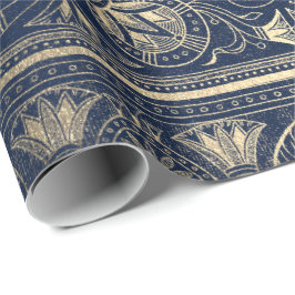 Blue Navy Gold Papyrus Antiek Egyptisch Floral Cadeaupapier