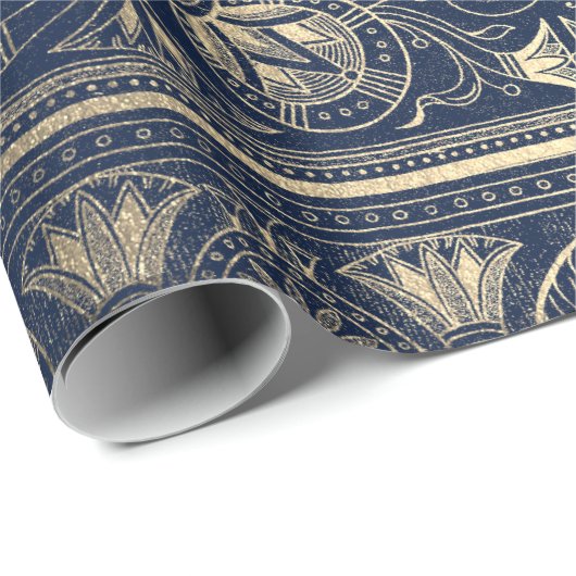 Blue Navy Gold Papyrus Antiek Egyptisch Floral Cadeaupapier (Rol Hoek)