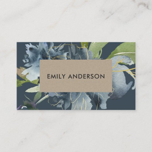 BLUE NAVY KRAFT GREEN GOLD FLORAL WATERVERF VISITEKAARTJE (Voorkant)