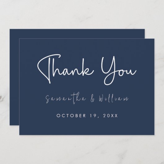 Blue Navy Minimalist Script | Moderne bruiloft Bedankkaart (Voorkant / Achterkant)