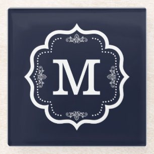 Blue Navy Monogram Glazen Onderzetter