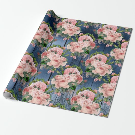 Blue Navy Pink Gold Woodland Rustic Floral Green Cadeaupapier (Uitgerold)
