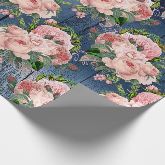 Blue Navy Pink Gold Woodland Rustic Floral Green Cadeaupapier (Hoek)