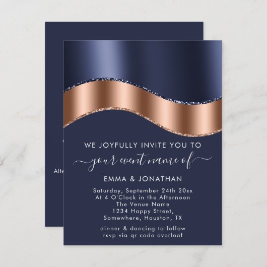 Blue Navy Roos Gold Border Wave QR Code Weddenscha (Voorkant / Achterkant)