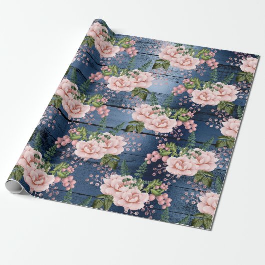 Blue Navy Roses Woodland Rustic Floral Green Cadeaupapier (Uitgerold)