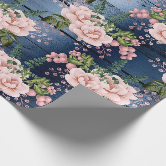 Blue Navy Roses Woodland Rustic Floral Green Cadeaupapier (Hoek)