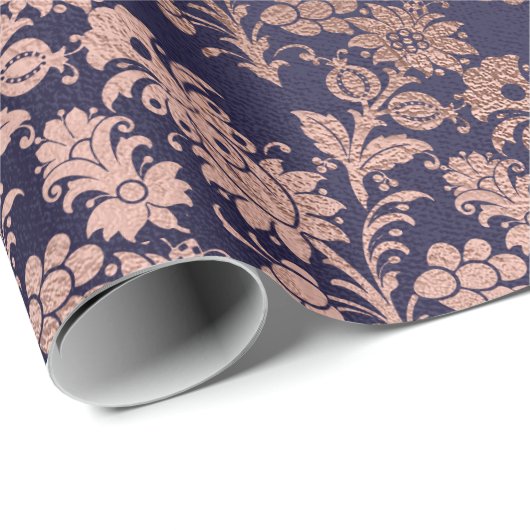 Blue Navy Royal Silver Roos Gold Powder Floral Cadeaupapier (Rol Hoek)