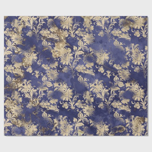 Blue Navy Sepia Gold Flower Graphite Grungy Shabby Cadeaupapier (Vlak)