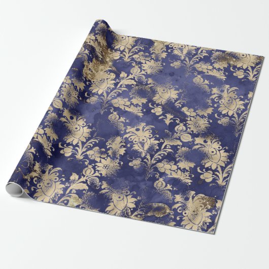 Blue Navy Sepia Gold Flower Graphite Grungy Shabby Cadeaupapier (Uitgerold)