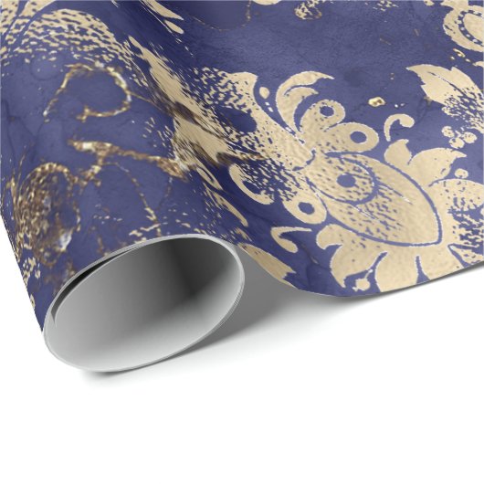 Blue Navy Sepia Gold Flower Graphite Grungy Shabby Cadeaupapier (Rol Hoek)