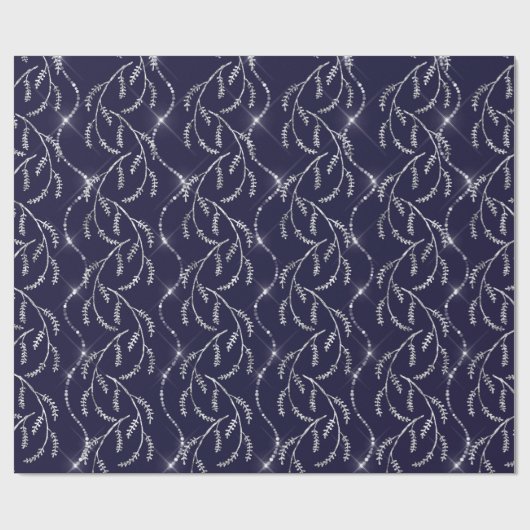 Blue Navy Sparkly Laurel Floral Silver Diamonds Cadeaupapier (Vlak)