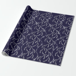 Blue Navy Sparkly Laurel Floral Silver Diamonds Cadeaupapier