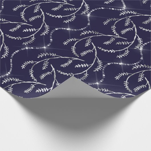 Blue Navy Sparkly Laurel Floral Silver Diamonds Cadeaupapier (Hoek)