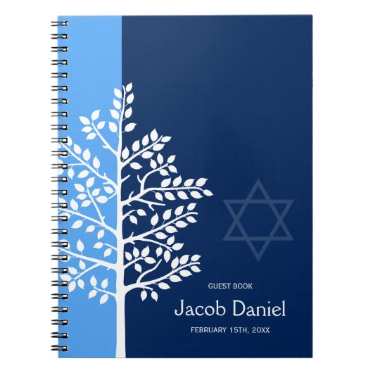 Blue Navy Tree of Life Bar Mitzvah Gastenboek Notitieboek (Voorkant)