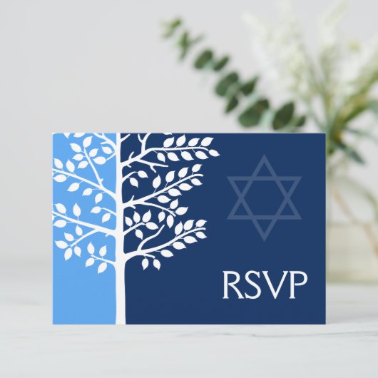Blue Navy Tree of Life Bar Mitzvah RSVP (Staand voorkant)