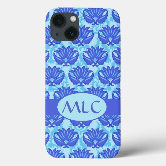 Blue Navy Turquoise Modern Damask Monogram Aangepa Case-Mate iPhone Case (Achterkant)