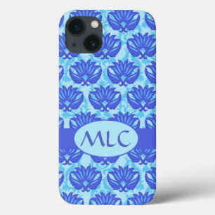 Blue Navy Turquoise Modern Damask Monogram Aangepa iPhone 13 Hoesje