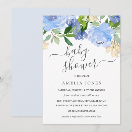 Blue Navy Waterverf Floral Baby shower Kaart (Voorkant / Achterkant)