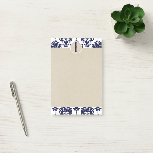 Blue Navy White Glam Damask Kraft Monogram Initiaa Post-it® Notes (Kantoor)