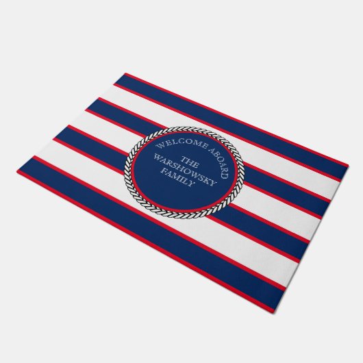 Blue Navy White Red Nautical Monogram gestreept Deurmat (Schuin)