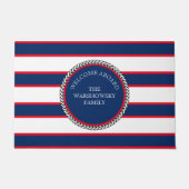 Blue Navy White Red Nautical Monogram gestreept Deurmat (Voorkant)