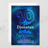 Blue Neon 10th Birthday Party Invitation Kaart (Voorkant / Achterkant)