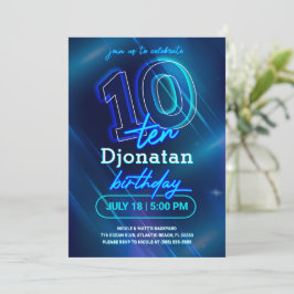 Blue Neon 10th Birthday Party Invitation Kaart