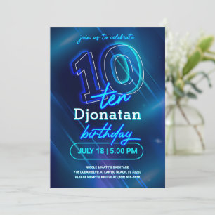 Blue Neon 10th Birthday Party Invitation Kaart